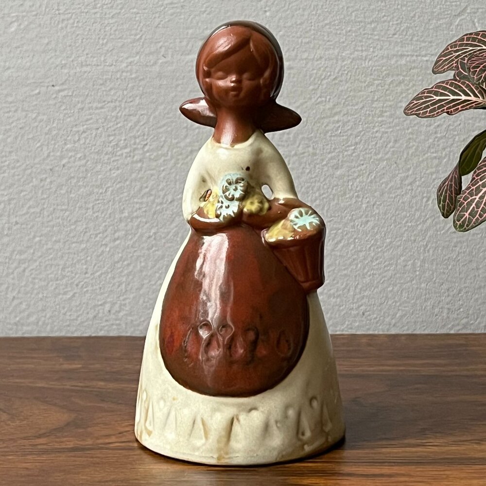 Mid-Century Japanese Ceramic Flower Girl Clay Bell 5.25" Vintage